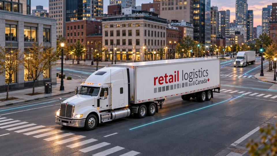 Vue aérienne d'une intersection avec une remorque Retail Logistics Canada et un réseau logistique