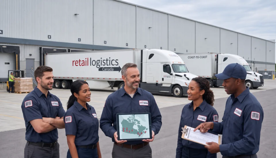 Retail Logistics Canada team reviewing a coast-to-coast route map outside a distribution centre