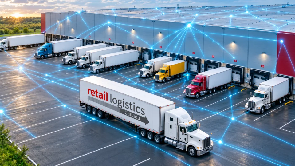 Vue aérienne d'un centre de distribution avec une remorque Retail Logistics Canada