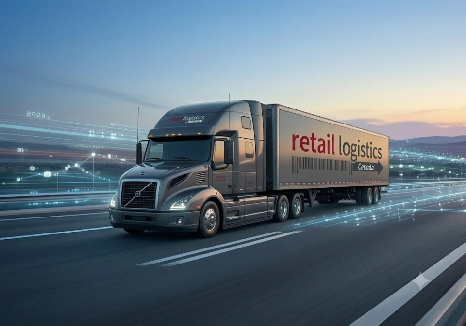 Camion Retail Logistics Canada sur l'autoroute au crépuscule