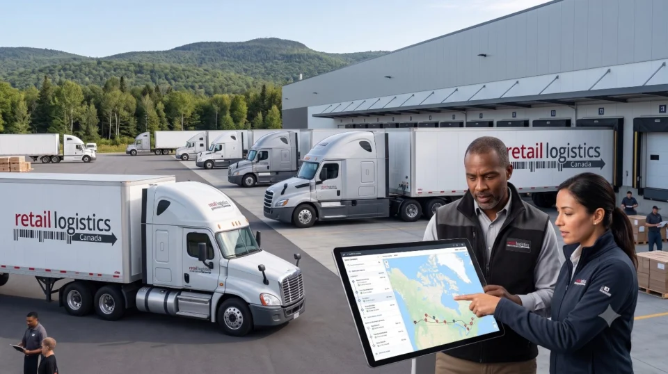 Retail Logistics Canada tractor-trailers at a distribution centre while two staff review shipments on a tablet